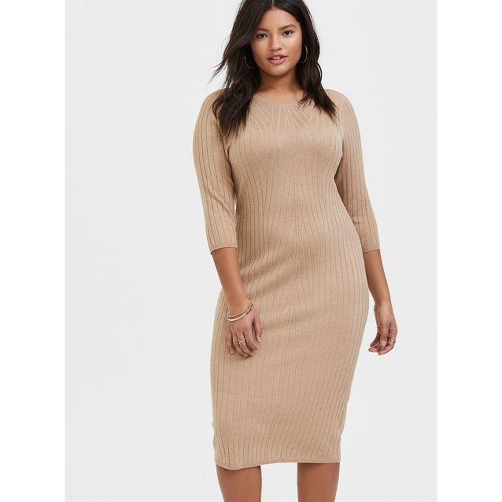 Torrid Womens Camel Ribbed Knit Sweater Dress Midi Bodycon 3/4 Sleeve 1 1X 14 16